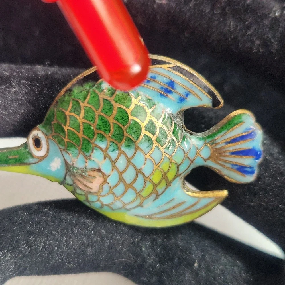 Vintage‎ Cloisonne Enamel Fish Pendant Blue Green Tropical Charm Double Sided